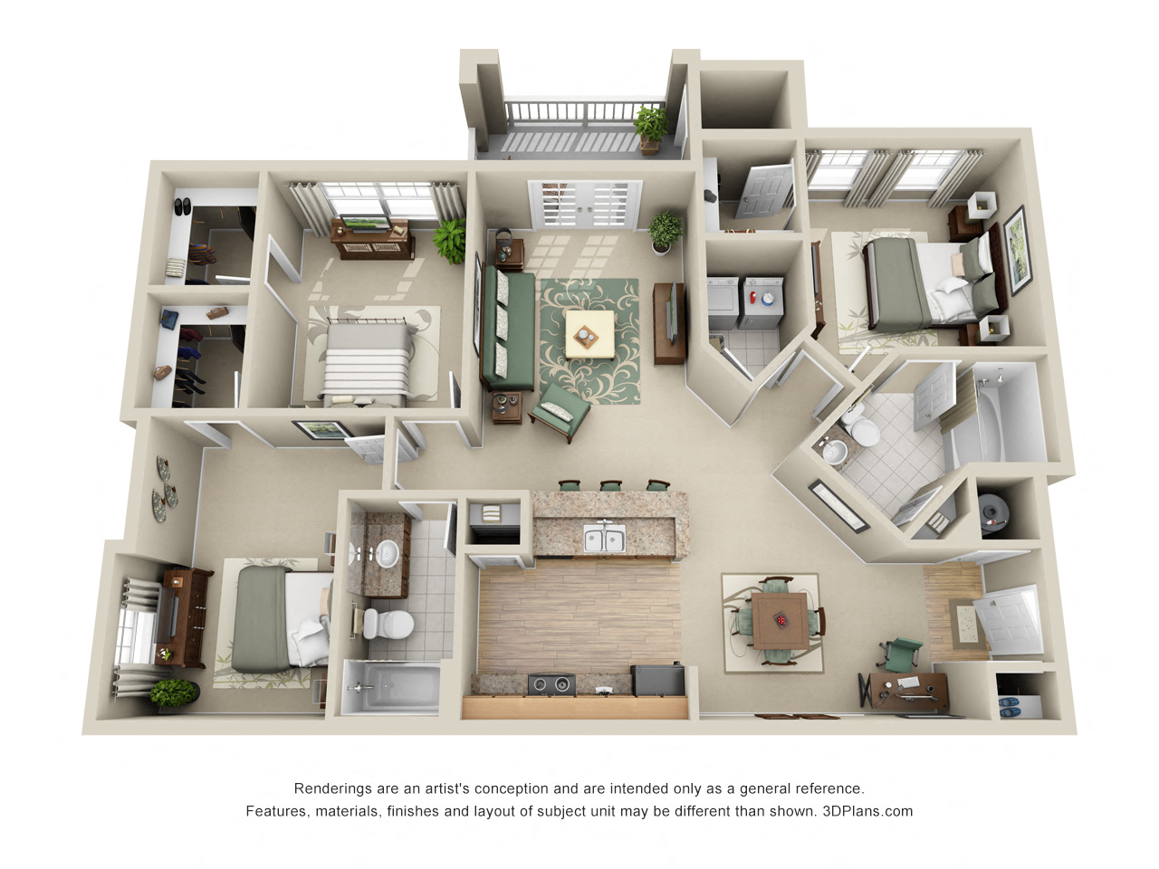 Floor plan for 3 beds, 2 baths, 1257 sqft